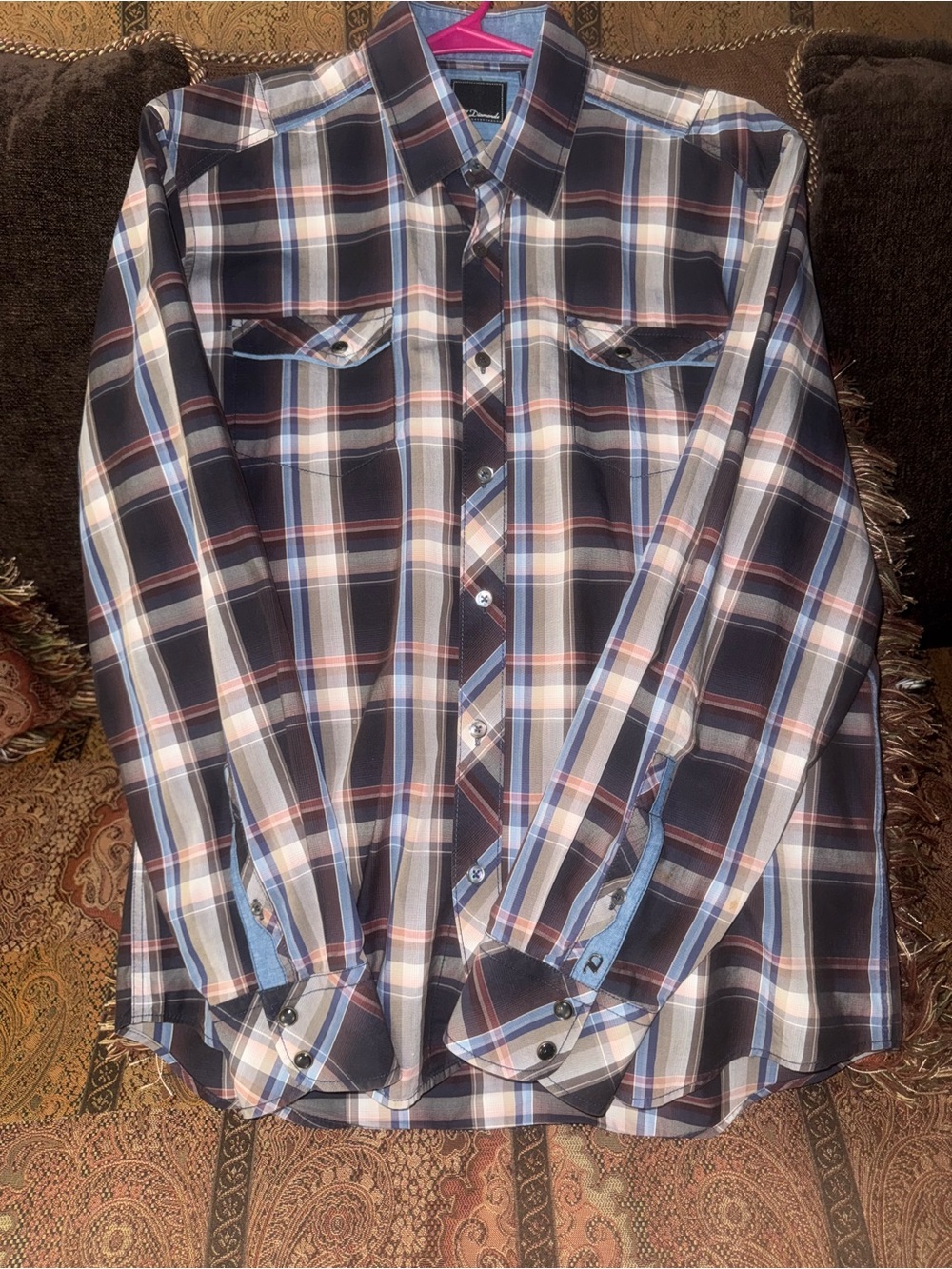 7 Diamonds  Large
Men's Navy and Brown Plaid Button-Up Shirt